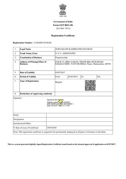 SSV Associates GST Registration – Govt. of India