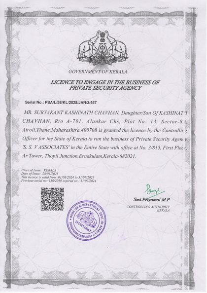 SSV Associates PSARA Licence – Govt. of Kerala