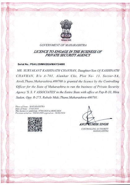 SSV Associates PSARA Licence – Govt. of Maharashtra