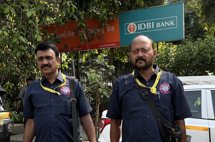 Armed SSV bank security guards outside IDBI Bank
